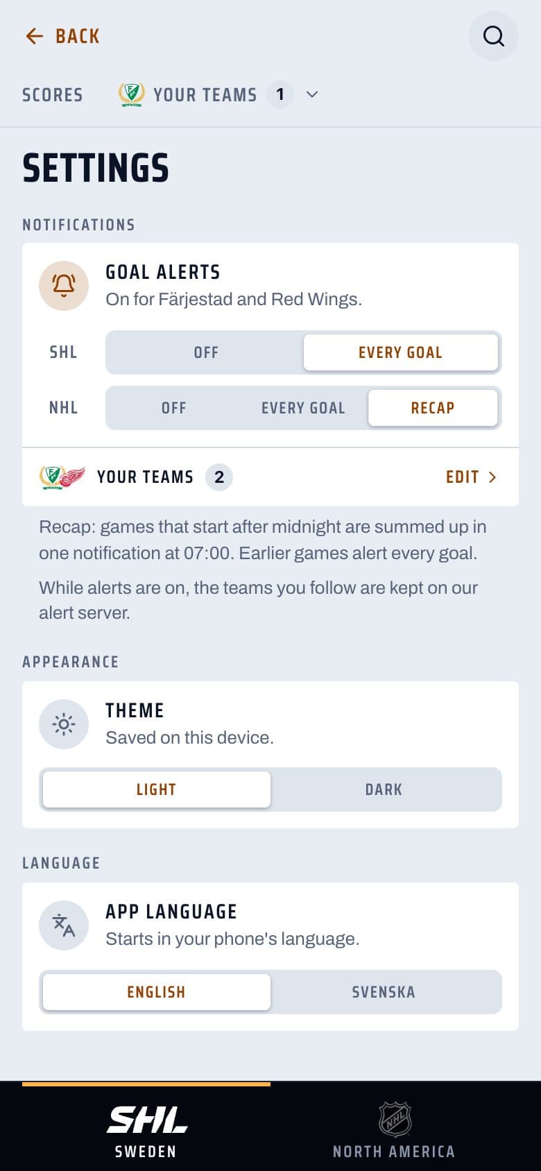 Crosscheck showing goal alert settings for the SHL and the NHL