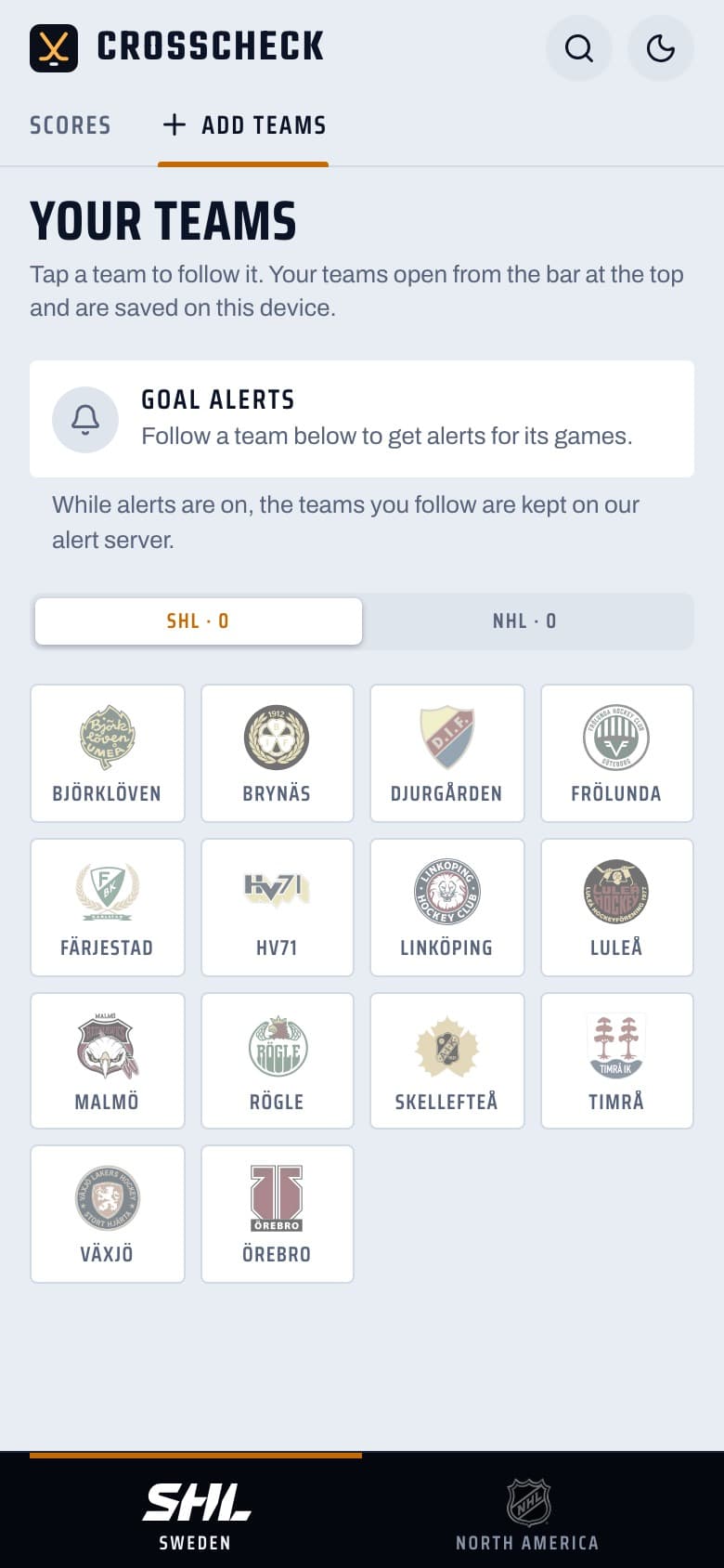 Crosscheck showing the team picker with goal alerts