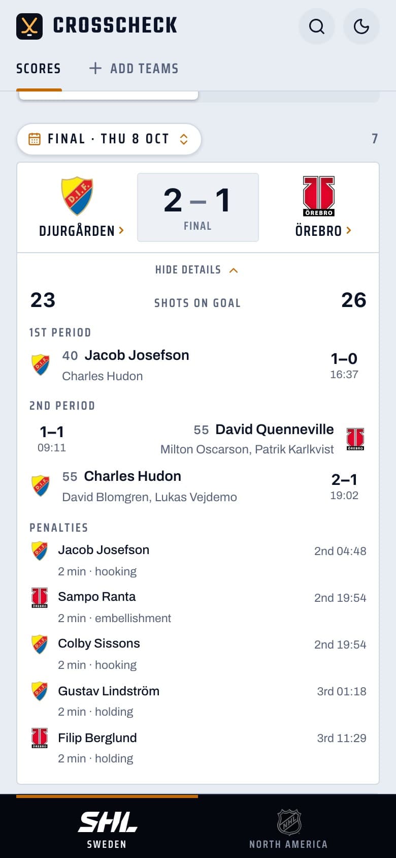 Crosscheck showing goals and penalties for one game