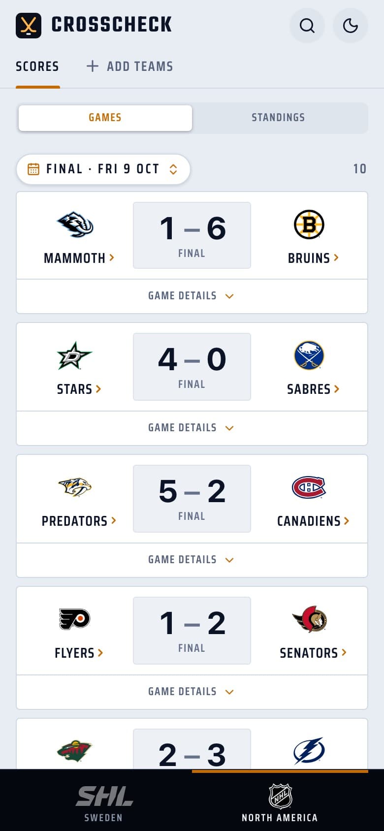 Crosscheck showing final scores from an NHL game day