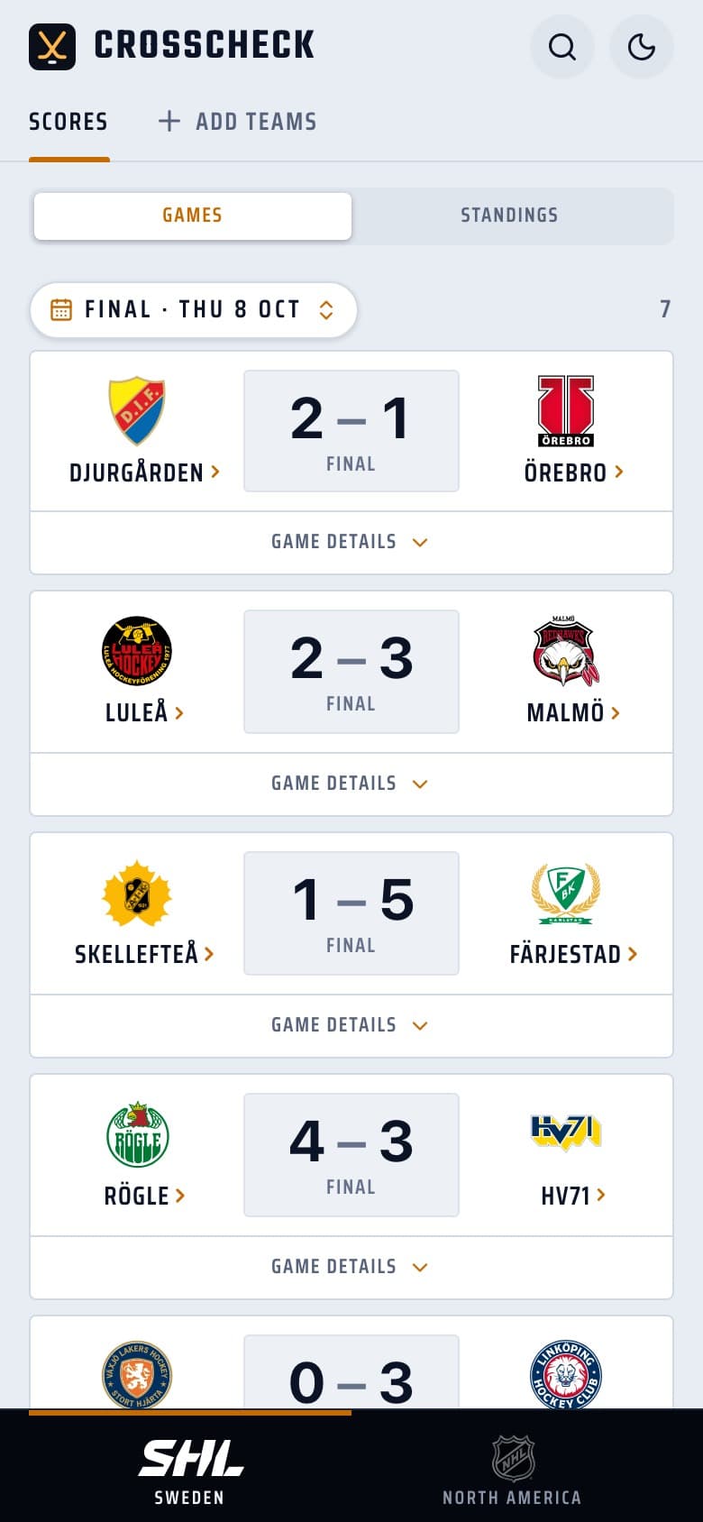 Crosscheck showing final scores from an SHL game day