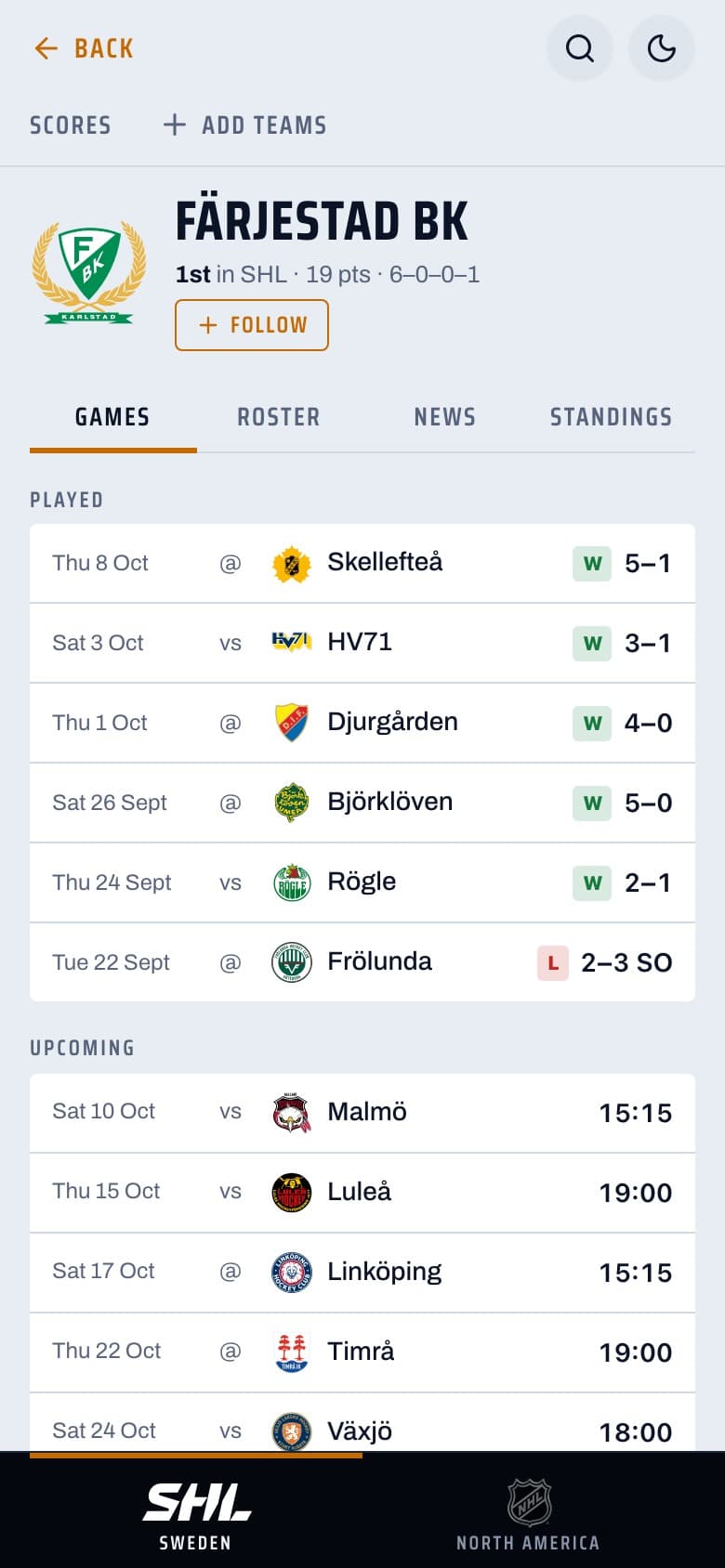 Crosscheck showing Färjestad's results and upcoming games